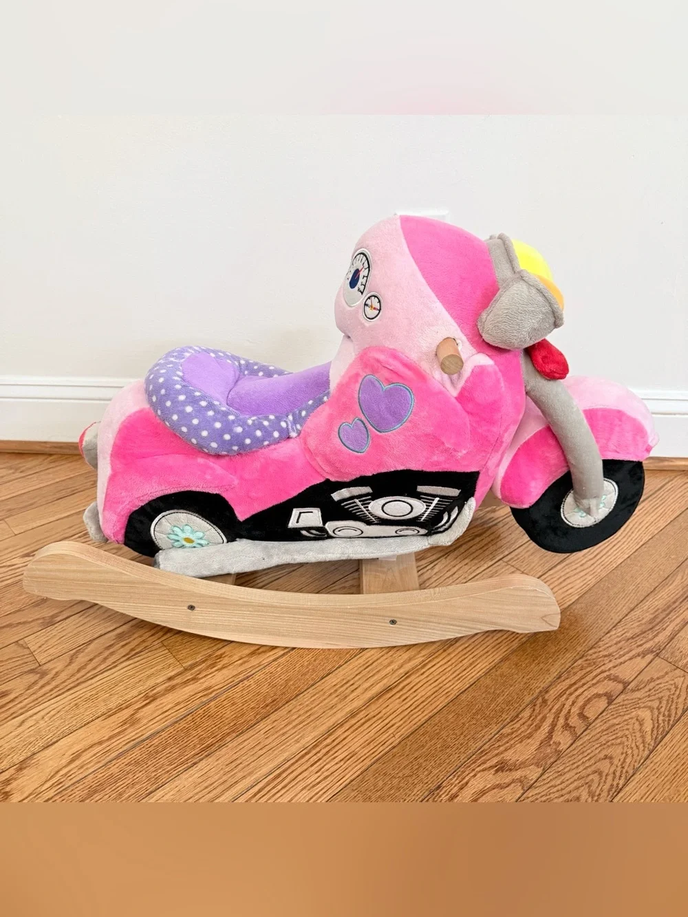 Rockabye Lil Biker Motorcycle Musical Plush Wooden Pink Rocker Baby Toddler New